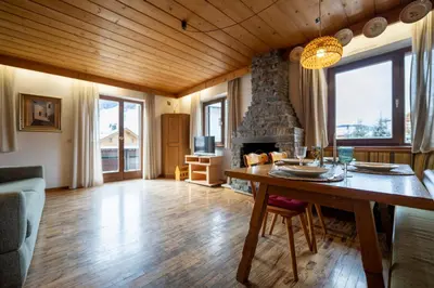 a living room with a table and a fireplace at Alpen Suite Apartment in San Vigilio Di Marebbe