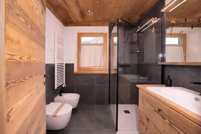a bathroom with a toilet and a sink and a shower at Arga' New Alpine Design Apartment Central & Scenic Views in San Vito di Cadore