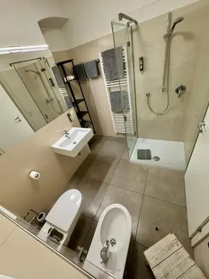 a bathroom with a toilet and a sink and a shower at Villa Jasmine in Bolzano