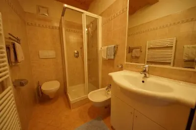 a bathroom with a sink and a shower and a toilet at Residence Villa Toni in San Vigilio Di Marebbe