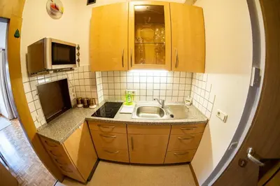 a small kitchen with a sink and a microwave at Flow Apartments WINKEL ATELIER in Merano