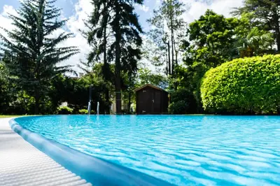 a swimming pool with blue water and trees at Flow Apartments WINKEL ATELIER in Merano