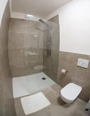 a bathroom with a shower with a toilet at Flow Apartments KIRCHSTEIG in Merano