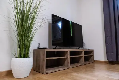 a flat screen tv sitting on top of a wooden entertainment center at Flow Apartments KIRCHSTEIG in Merano