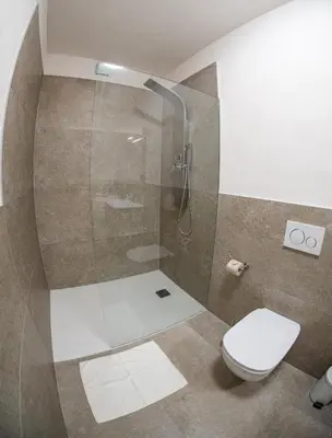 a bathroom with a shower with a toilet at Flow Apartments KIRCHSTEIG in Merano