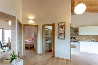 a room with a kitchen and a living room at Oberpfaffstaller in Longomoso