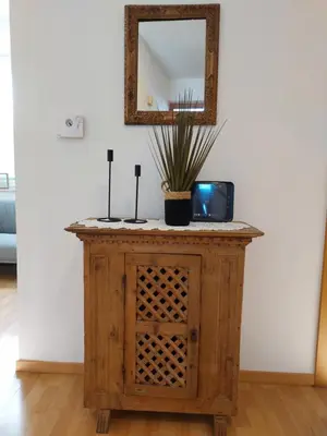 a table with a mirror and a potted plant on it at Villa Trogmann in Merano