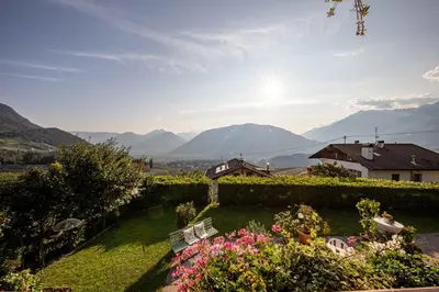 a garden with a view of mountains in the background at Panorama Hotel St Georgen in Schenna