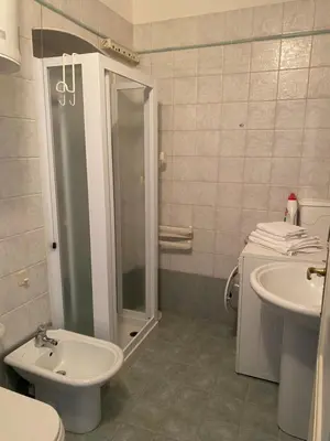 a bathroom with a shower and a toilet and a sink at Appartament Brennero in Colle Isarco
