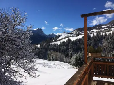 a deck with a view of a snowy mountain at la fusinela in Selva di Cadore
