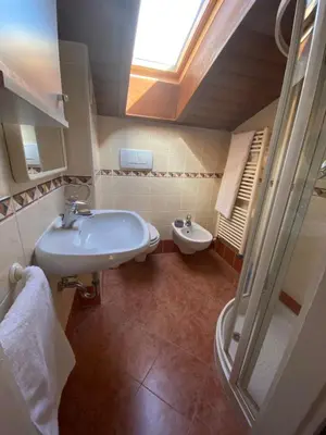 a bathroom with a sink and a toilet with a skylight at Appartamento Franca in Pera