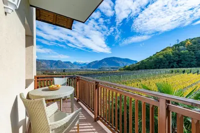 a balcony with a table and chairs and a view of a vineyard at Quellenhof in Appiano sulla Strada del Vino