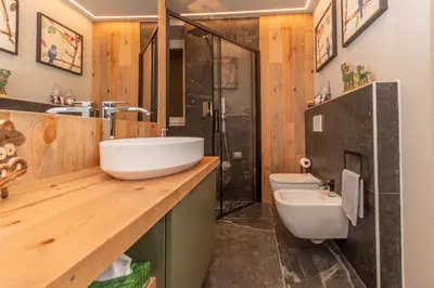 a bathroom with a sink and a shower and a toilet at Casa Te Volto in Moena