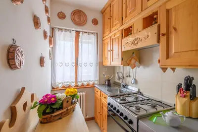 a small kitchen with a stove and a sink at Ca' dello Scoiattolo in Cortina dʼAmpezzo