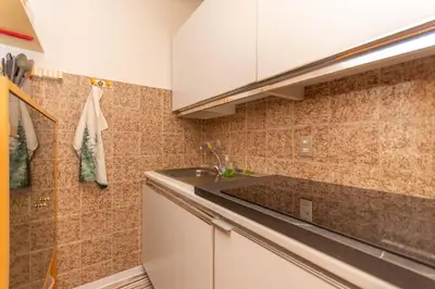 a kitchen with a sink and a counter top at Principe Marmolada 154 in Rocca Pietore