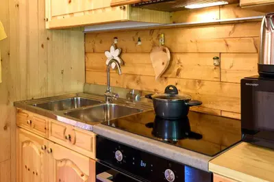 a kitchen with a sink and a pot on a stove at Fienile Rustico Alleghe Tabià in Alleghe