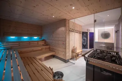 a room with a sauna with a stove in it at Hotel Condor in San Vigilio Di Marebbe