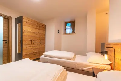 a bedroom with two beds and a wooden wall at Alpinia in Moena