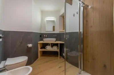 a bathroom with a toilet and a sink and a shower at Alpinia in Moena
