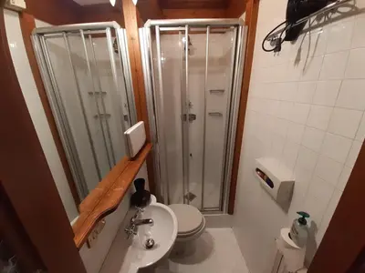 a bathroom with a shower and a toilet and a sink at Casa elegante in San Vito di Cadore