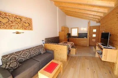 a living room with a couch and a tv at Mountain Apartment Hapeli in Ortisei