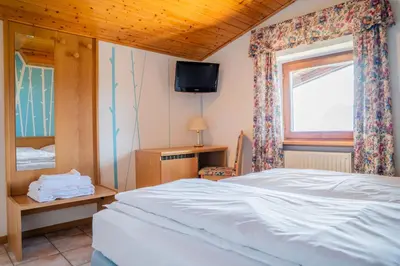 a bedroom with a bed and a window and a television at Enrosadira in Predaia