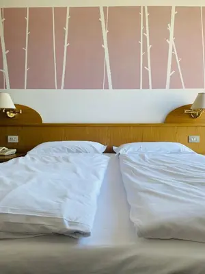 two white pillows sitting on a bed in a bedroom at Enrosadira in Predaia