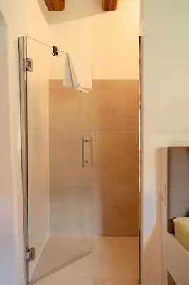 a shower with a glass door in a bathroom at zuLAVOGL in Kastelruth