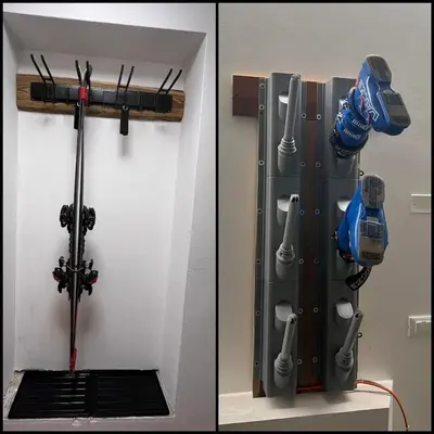 two pictures of a rack with tools on the wall at Apartment Enrosadira in Taibon