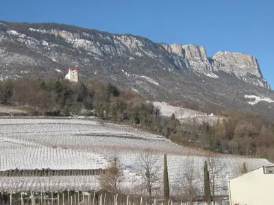 a snowy hill with a castle on top of a field at Ansitz Wendelstein in Appiano sulla Strada del Vino