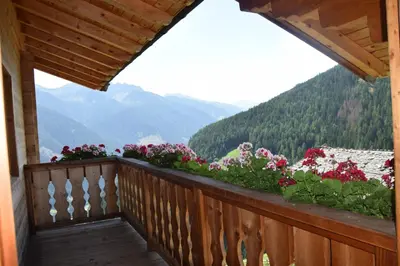 a balcony with flowers and a view of mountains at Ortlerhof im Ultental - Urlaub auf dem Bauernhof in Ultimo