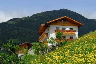 a house on the side of a hill with flowers at Schienhof in Chiusa