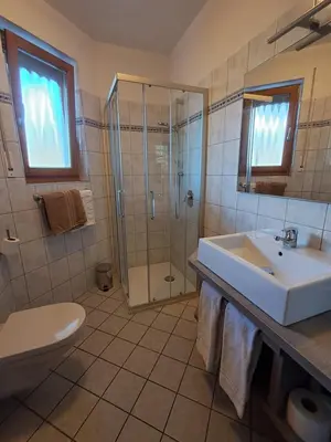 a bathroom with a sink and a shower and a toilet at Kircherhof in Marlengo