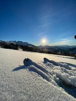 a pair of skis in the snow with the sun in the background at Apartment Rosengarten - Rosenheim Apartments in Tires