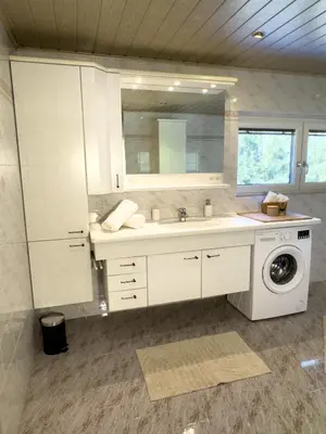a bathroom with a sink and a washing machine at Apartment Rosengarten - Rosenheim Apartments in Tires