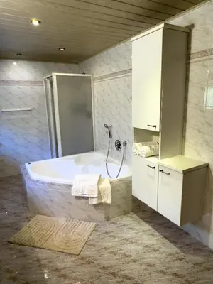 a bathroom with a tub and a shower at Apartment Rosengarten - Rosenheim Apartments in Tires