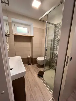 a bathroom with a shower and a sink and a toilet at Abete Bianco in Mezzano