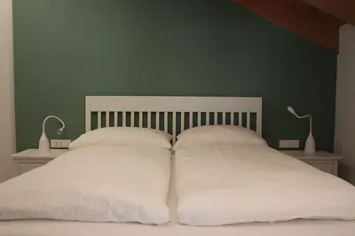 a bed with two white pillows and a green wall at Casa Dusinei Blue & Green in Cles