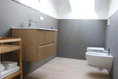 a bathroom with a sink and a toilet at Casa Dusinei Blue & Green in Cles