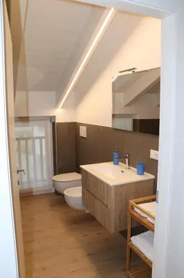 a bathroom with a sink and a toilet at Casa Dusinei Blue & Green in Cles