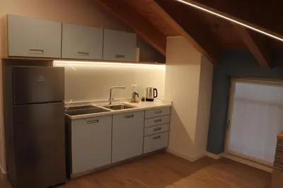 a kitchen with a sink and a refrigerator at Casa Dusinei Blue & Green in Cles