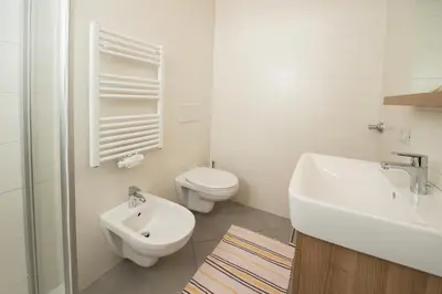 a white bathroom with a toilet and a sink at Vintler Apartments in Bolzano
