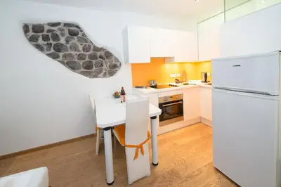 a kitchen with a table and a white refrigerator at Vintler Apartments in Bolzano