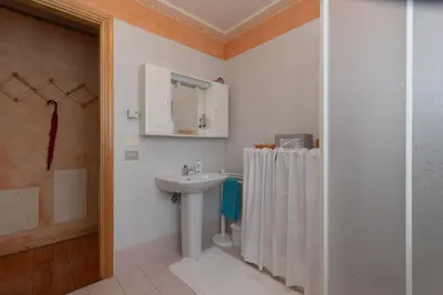a bathroom with a sink and a shower at Col da Daut 8 in Rocca Pietore