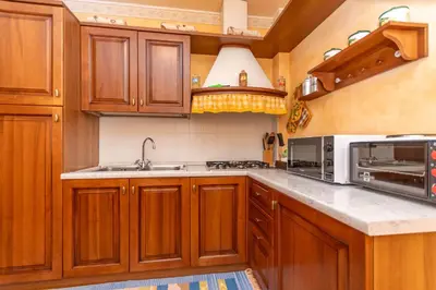a kitchen with wooden cabinets and a sink at Col da Daut 8 in Rocca Pietore