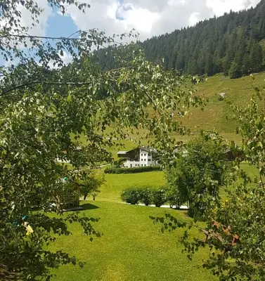 a house in the middle of a green field with trees at Cedepuent de Sot in Selva di Val Gardena