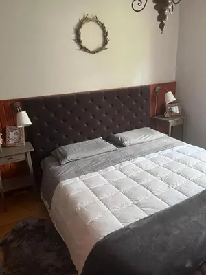 a bedroom with a large bed and a mirror on the wall at Villa Istria Apartment in San Vito di Cadore