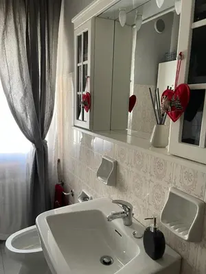 a bathroom with a sink and a toilet and a mirror at Villa Istria Apartment in San Vito di Cadore