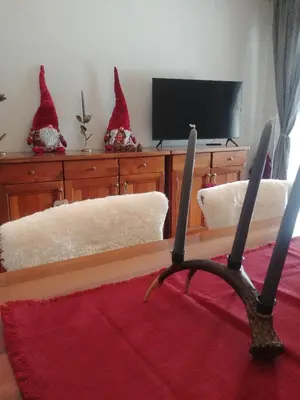 a living room with two santa hats on top of a tv at Villa Istria Apartment in San Vito di Cadore
