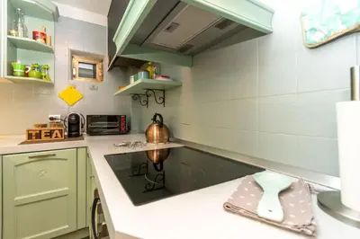 a kitchen with green cabinets and a counter top at Chalet Baranci in Pozza di Fassa
